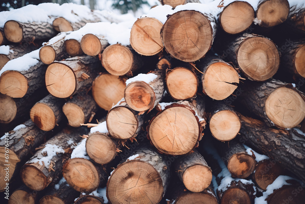 A Closeup View of a Snow-Covered Pile of Log Trunks, Signaling the Onset of the Winter Heating Season, Where Firewood Awaits to Warm the Hearth and Hearts