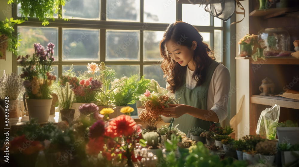 花屋で働くアジア人女性