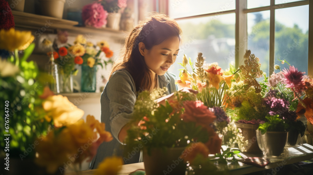 花屋で働くアジア人女性