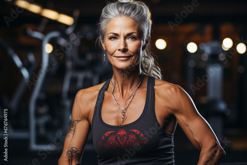 healthy and fit, strong and muscular aged senior woman in the gym photo