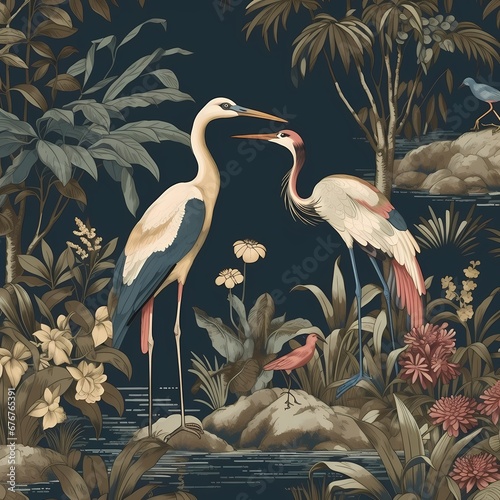 crane in the pond at night forest in chinoiserie style classic  and dark theme © Wipada
