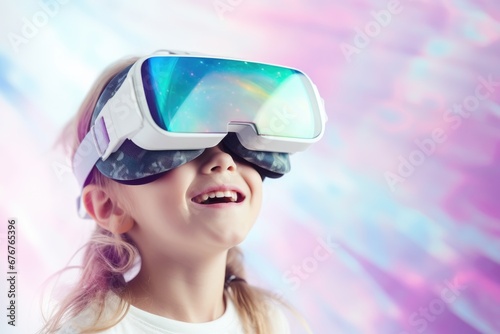 Portrait of an astonished European girl wearing virtual reality goggles on a rainbow background.