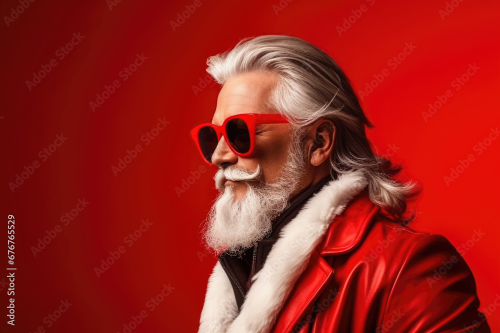 Portrait of Santa Claus in profile wearing red sunglasses on a red background with copy space. Portrait of Santa Claus in profile wearing red sunglasses on a red background with copy space.