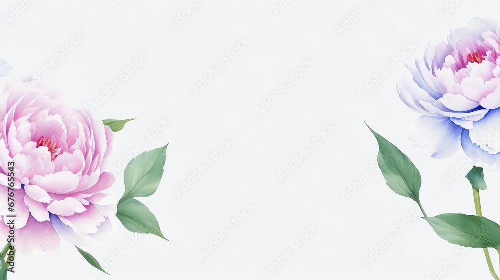 Watercolor peony flowers on a light blue background, free space. AI generated. Watercolor peony flowers on a light blue background, free space. AI generated.