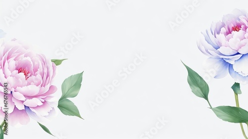 Watercolor peony flowers on a light blue background, free space. AI generated.