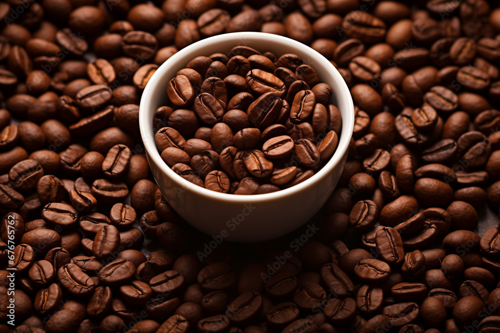 Fototapeta premium White cup with freshly roasted coffee beans on the background of coffee beans. top view close up. Generative AI