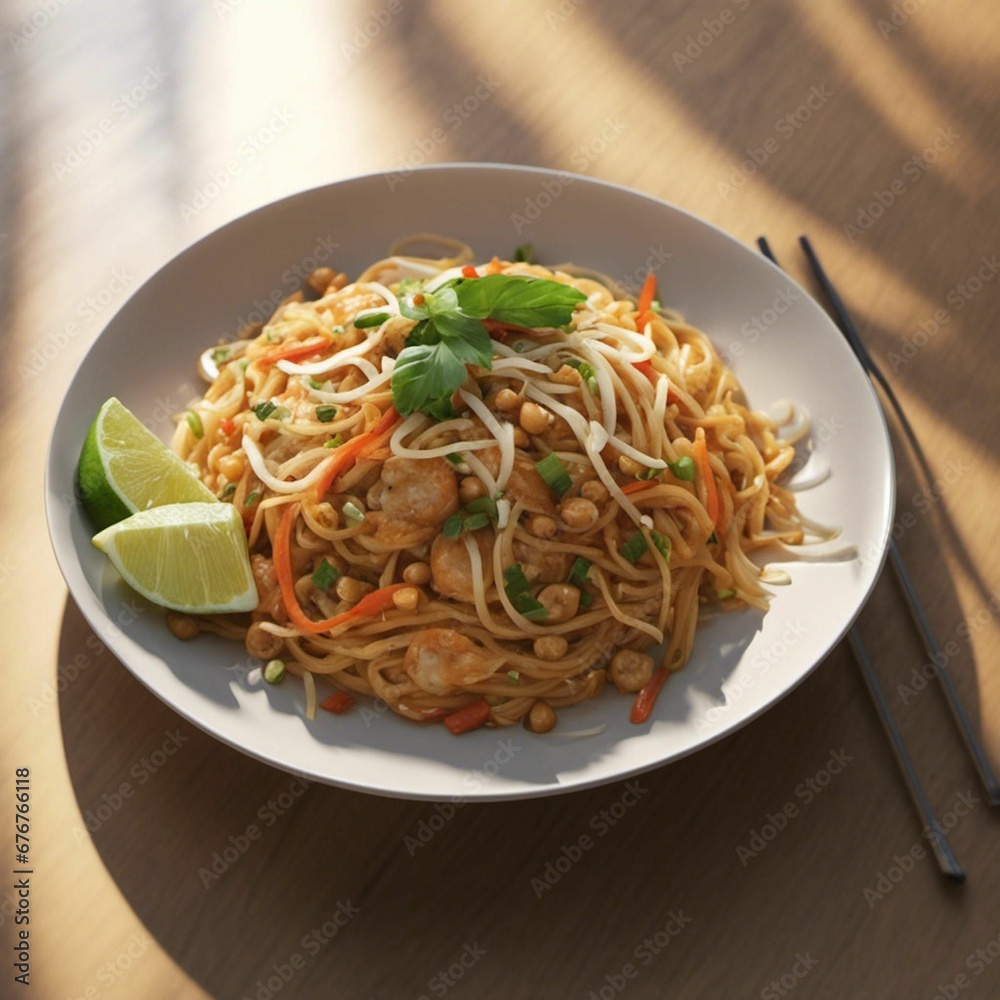 Φωτογραφία An AI illustration of a plate of noodles with some vegetables on it and chopstic