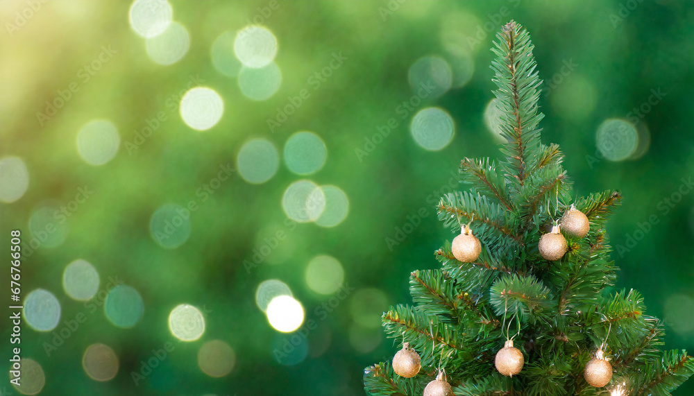 christmas tree pine on blurred green backdrop christmas and new year holiday background bokeh light banner with copy space