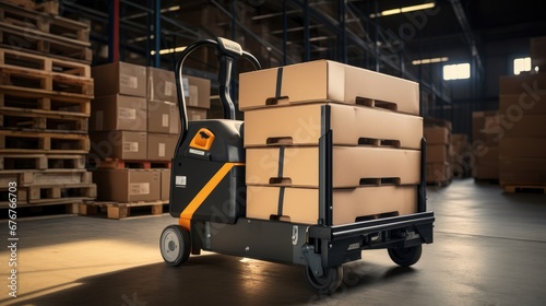 Efficient logistics! Boxes on a hand pallet truck, a symbol of streamlined distribution. photo
