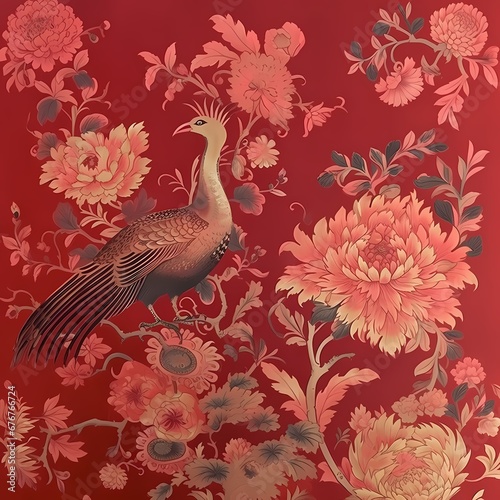 Chinoiseries style wallpaper with peony flower and bird in red theme © Wipada