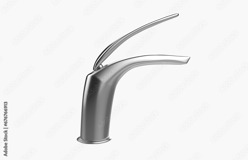 Faucet model isolated on light background, single faucet, stainless steel texture, home industry accessories, 3d rendering. Faucet model isolated on light background, single faucet, stainless steel texture, home industry accessories, 3d rendering.