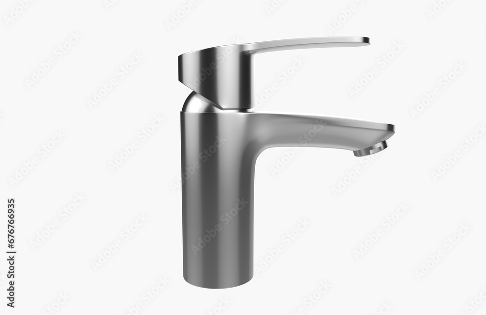 Faucet model isolated on light background, single faucet, stainless steel texture, home industry accessories, 3d rendering. Faucet model isolated on light background, single faucet, stainless steel texture, home industry accessories, 3d rendering.