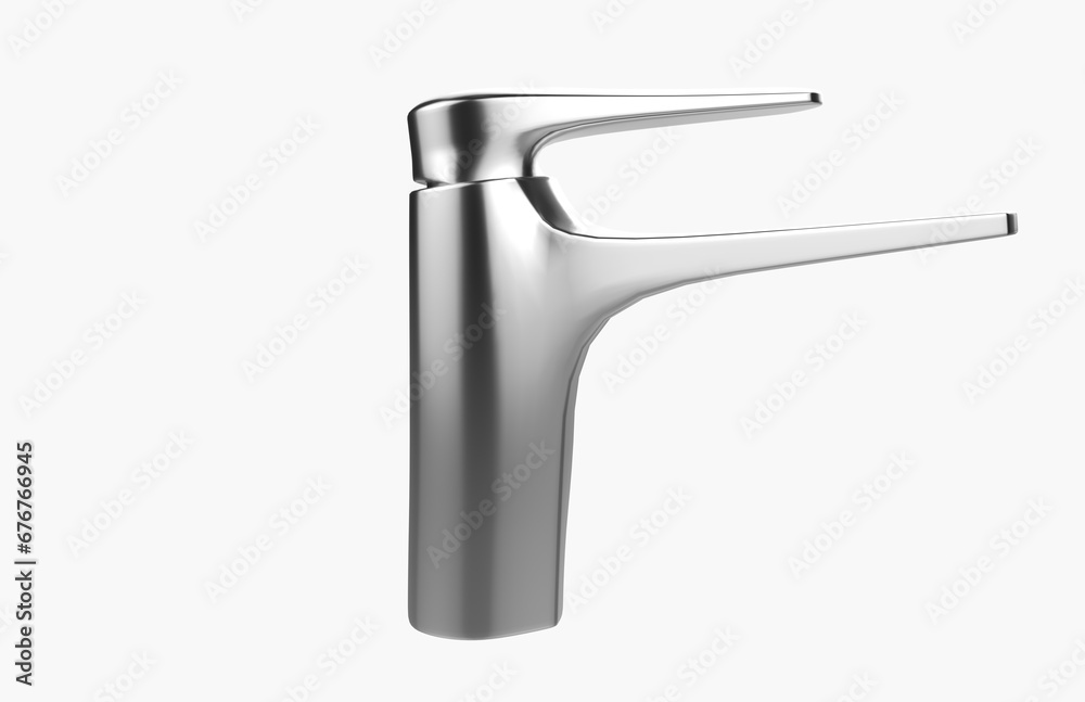 Faucet model isolated on light background, single faucet, stainless steel texture, home industry accessories, 3d rendering. Faucet model isolated on light background, single faucet, stainless steel texture, home industry accessories, 3d rendering.