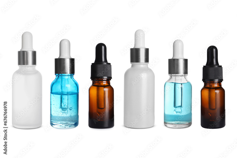 Serums in different bottles isolated on white, collection Serums in different bottles isolated on white, collection