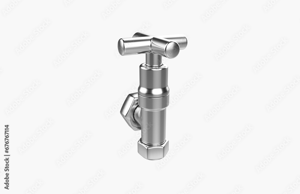 Faucet model isolated on light background, single faucet, stainless steel texture, home industry accessories, 3d rendering. Faucet model isolated on light background, single faucet, stainless steel texture, home industry accessories, 3d rendering.