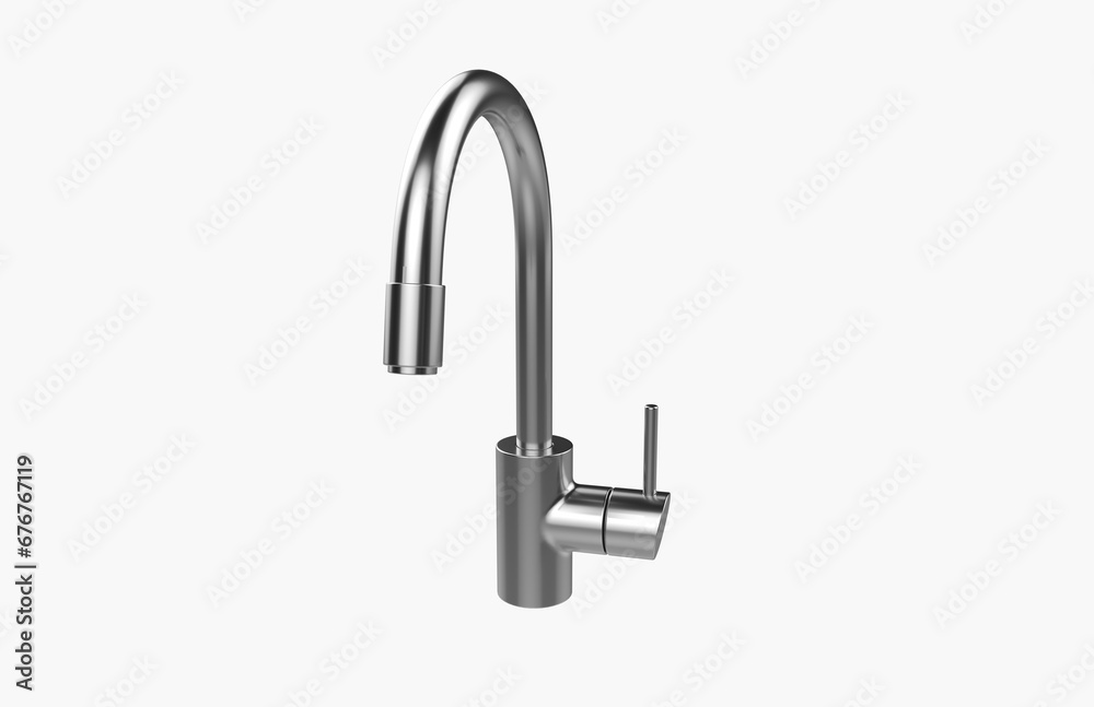 Faucet model isolated on light background, single faucet, stainless steel texture, home industry accessories, 3d rendering. Faucet model isolated on light background, single faucet, stainless steel texture, home industry accessories, 3d rendering.