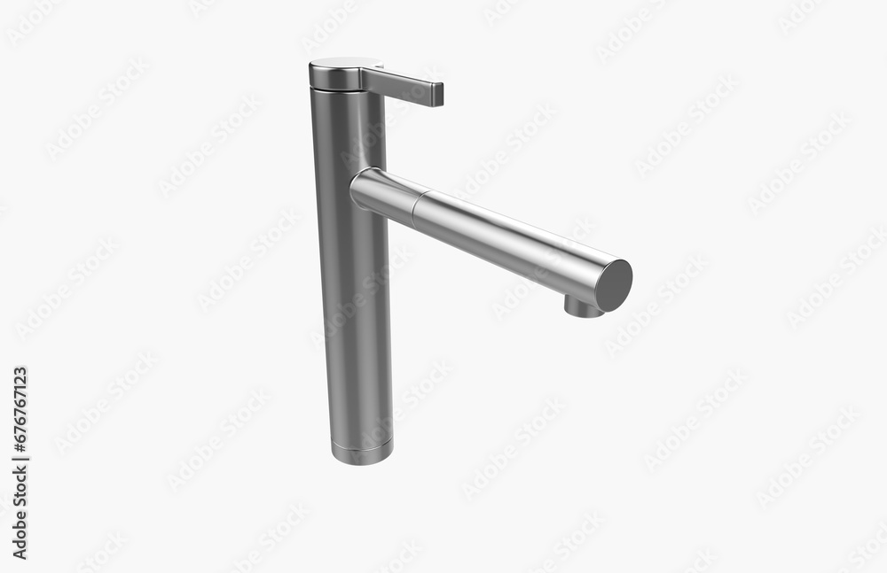 Faucet model isolated on light background, single faucet, stainless steel texture, home industry accessories, 3d rendering.