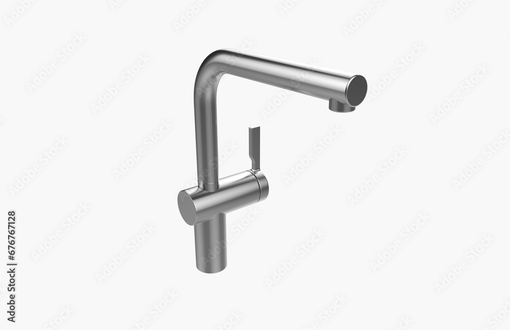 Faucet model isolated on light background, single faucet, stainless steel texture, home industry accessories, 3d rendering. Faucet model isolated on light background, single faucet, stainless steel texture, home industry accessories, 3d rendering.