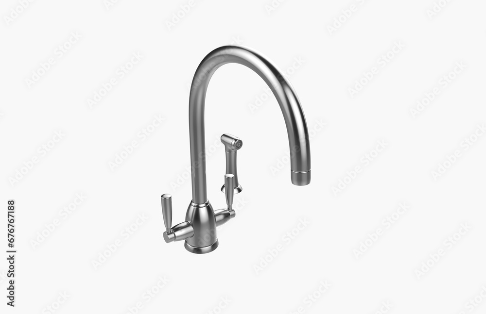 Faucet model isolated on light background, single faucet, stainless steel texture, home industry accessories, 3d rendering. Faucet model isolated on light background, single faucet, stainless steel texture, home industry accessories, 3d rendering.