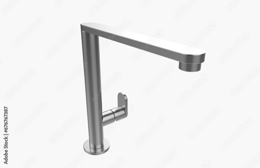 Faucet model isolated on light background, single faucet, stainless steel texture, home industry accessories, 3d rendering. Faucet model isolated on light background, single faucet, stainless steel texture, home industry accessories, 3d rendering.