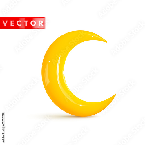 Glossy yellow 3d crescent moon realistic style rendering. Yellow cartoon plastic icon crescent moon isolated on white background. Vector illustration