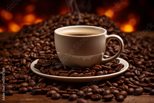 Hot coffee cup close-up over dark roasted coffee beans. Wooden table background