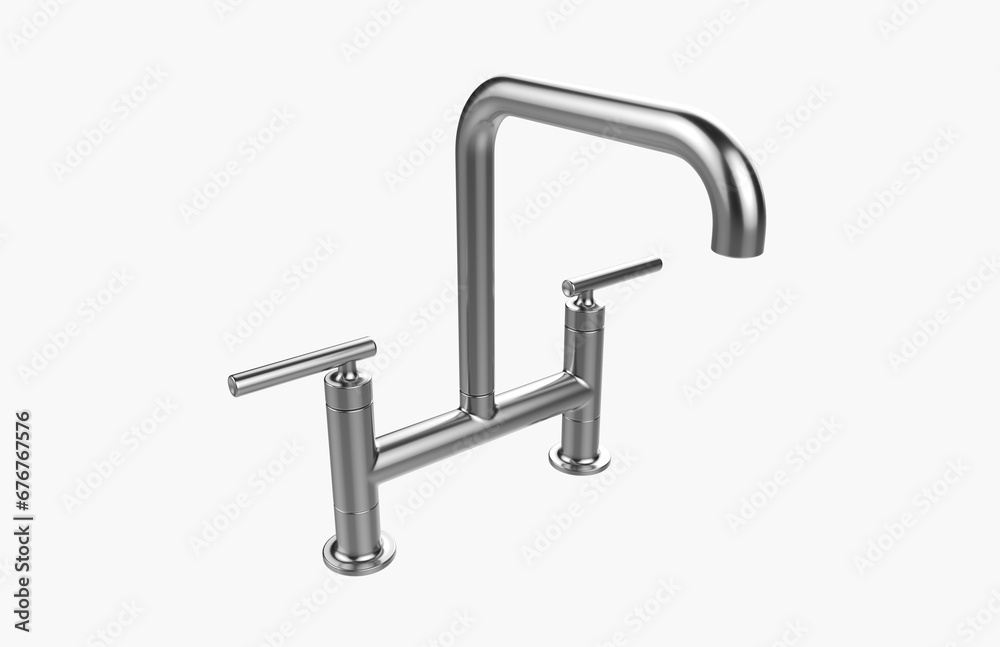 Faucet model isolated on light background, single faucet, stainless steel texture, home industry accessories, 3d rendering. Faucet model isolated on light background, single faucet, stainless steel texture, home industry accessories, 3d rendering.