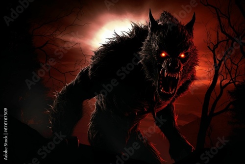 An AI illustration of an image of a werewolf in the woods at night by a sun
