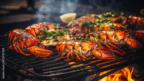 Lobster on the grill. Grilling tasty lobster with herbs and lemon. Recipe. Seafood photo