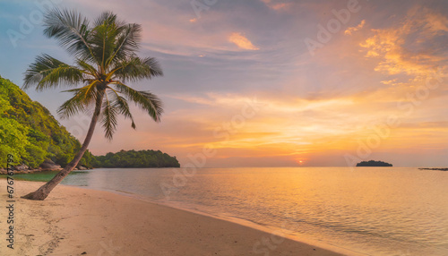 island palm tree sea sand beach panoramic beach landscape inspire tropical beach seascape horizon orange and golden sunset sky calmness tranquil relaxing summer mood vacation travel holiday banner © Kelsey