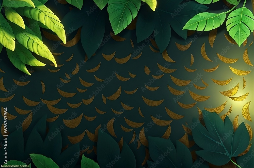 Luxurious gold seamless pattern with tropical leaves. Tropical leaves gold and green on dark background. Monstera, Palm leaves for backgrounds, wallpapers.. International Tropical Forests Day June 26