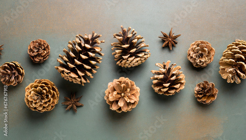 pine cones on colored table natural holiday background with pinecones grouped together flat lay winter concept