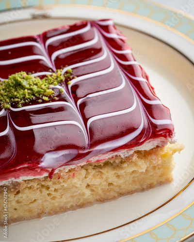 Close-up of Turkish trilicca dessert with pistachios photo