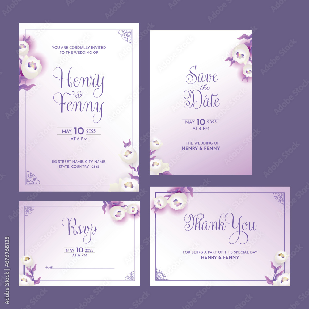 Wedding Invitation Card Suite Decorated With Floral On Purple Background.