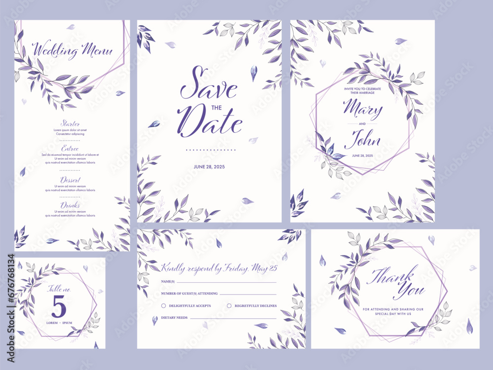 Wedding Invitation, Menu, Save The Date, Table Number, Thank You and RSVP Card Decorated Leaves.