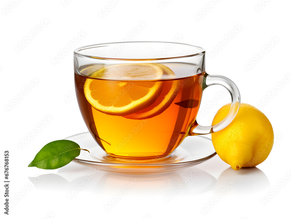 Hot tea drink on a glass cup isolated on white background