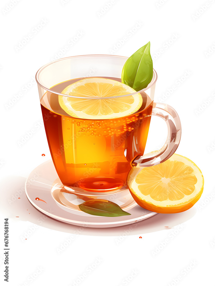 Watercolor illustration of a glass cup with tea and lemon, isolated on white background