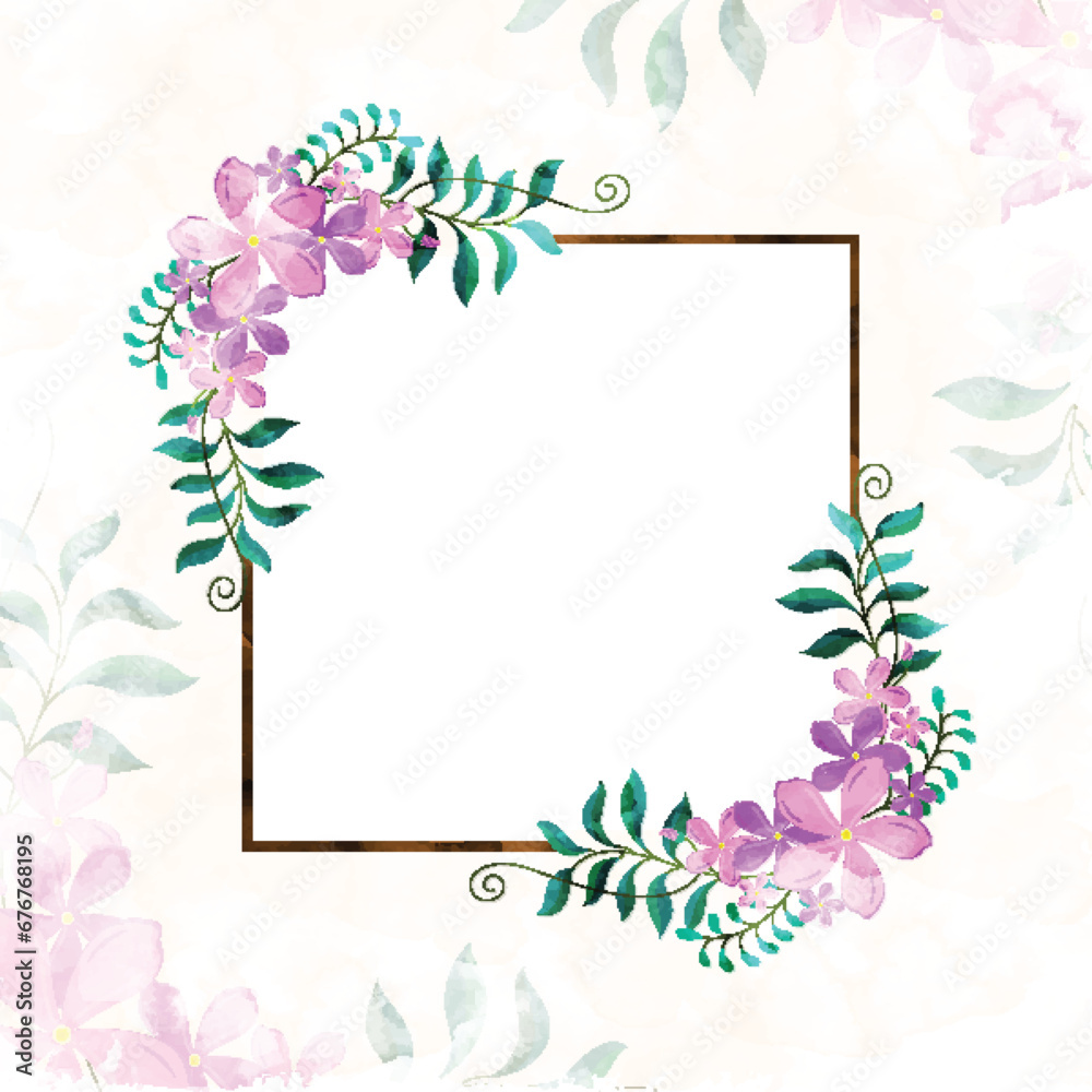 Elegant Invitation Card with Pink Watercolor Flowers and Green Leaves decorated Sqaure Frame Given Space for Message.