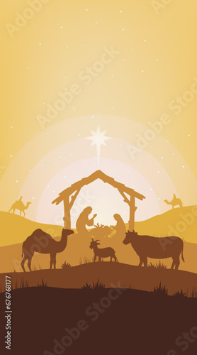 Illustration of Christmas Nativity scene with the three wise men going to meet baby Jesus in the manger. Wallpaper background