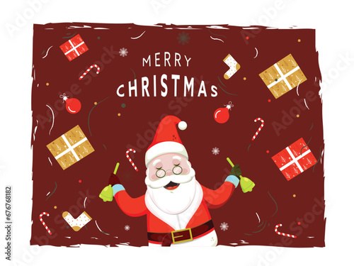 Merry Christmas Celebration Concept with Cheerful Santa Claus Playing Bells, Gift Boxes, Candy Canes, Socks, Baubles Decorated on Burnt Red Background.