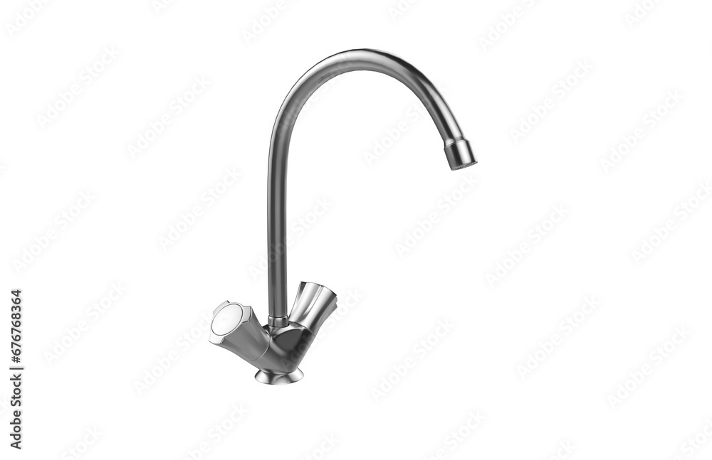 Faucet model isolated on light background, single faucet, stainless steel texture, home industry accessories, 3d rendering. Faucet model isolated on light background, single faucet, stainless steel texture, home industry accessories, 3d rendering.