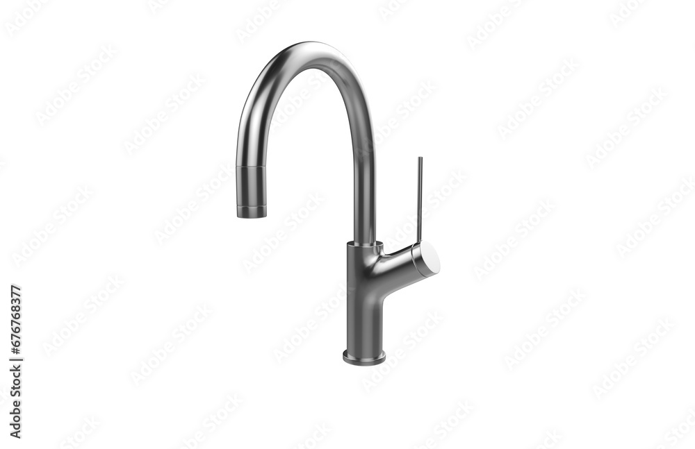 Faucet model isolated on light background, single faucet, stainless steel texture, home industry accessories, 3d rendering. Faucet model isolated on light background, single faucet, stainless steel texture, home industry accessories, 3d rendering.