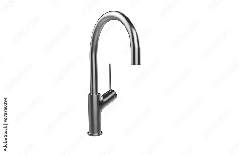 Faucet model isolated on light background, single faucet, stainless steel texture, home industry accessories, 3d rendering. Faucet model isolated on light background, single faucet, stainless steel texture, home industry accessories, 3d rendering.