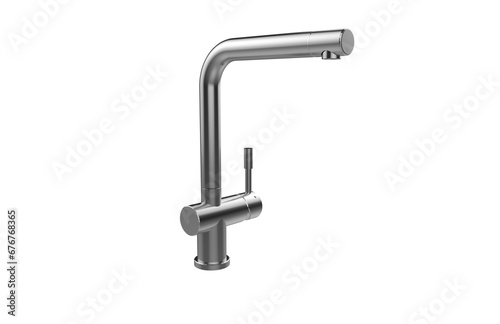 Faucet model isolated on light background, single faucet, stainless steel texture, home industry accessories, 3d rendering.