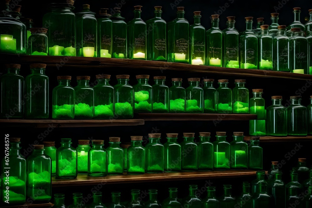 bottles of wine, Shelves of green Halloween potions, witch apothecary jars, glass, skulls, spooky