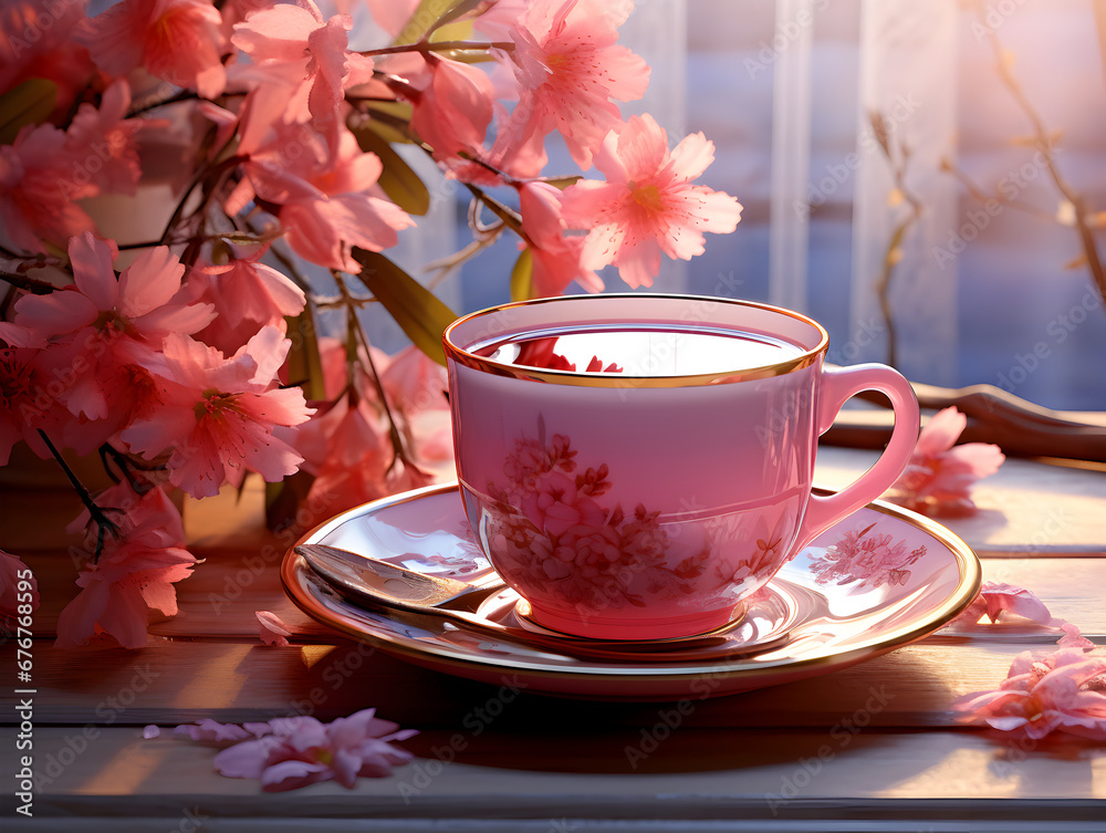 Illustration a pink cup with a hot drink, blurred background with flowers Illustration a pink cup with a hot drink, blurred background with flowers