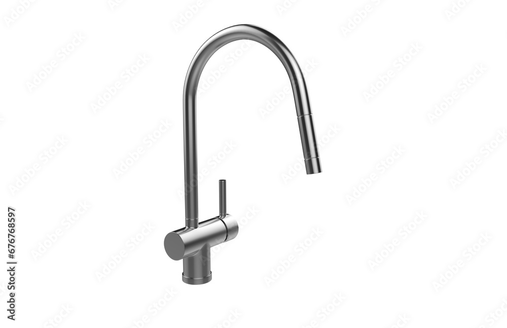 Faucet model isolated on light background, single faucet, stainless steel texture, home industry accessories, 3d rendering. Faucet model isolated on light background, single faucet, stainless steel texture, home industry accessories, 3d rendering.