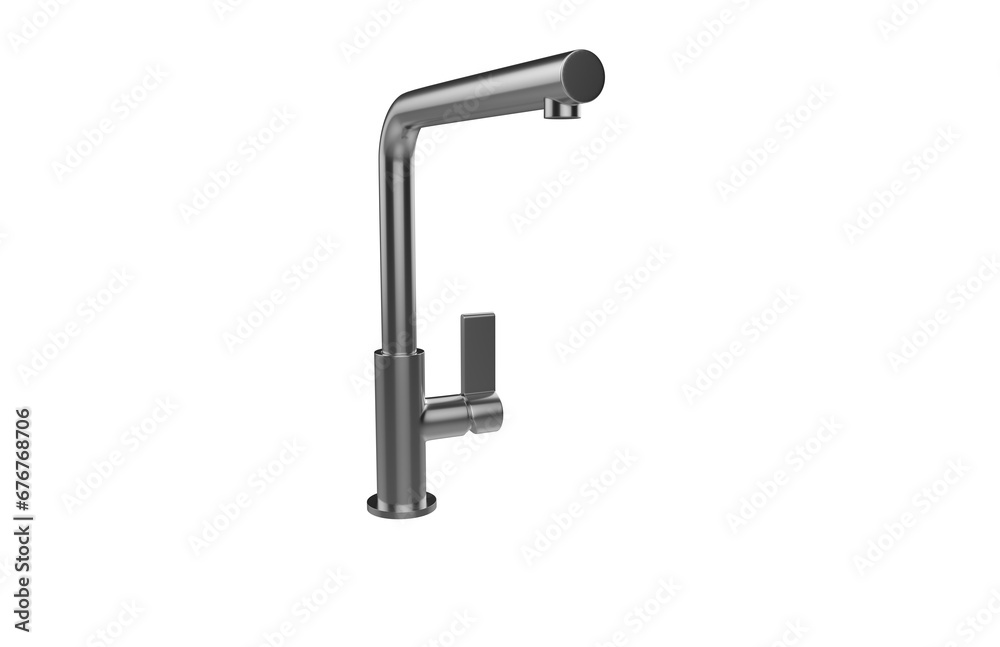 Faucet model isolated on light background, single faucet, stainless steel texture, home industry accessories, 3d rendering.