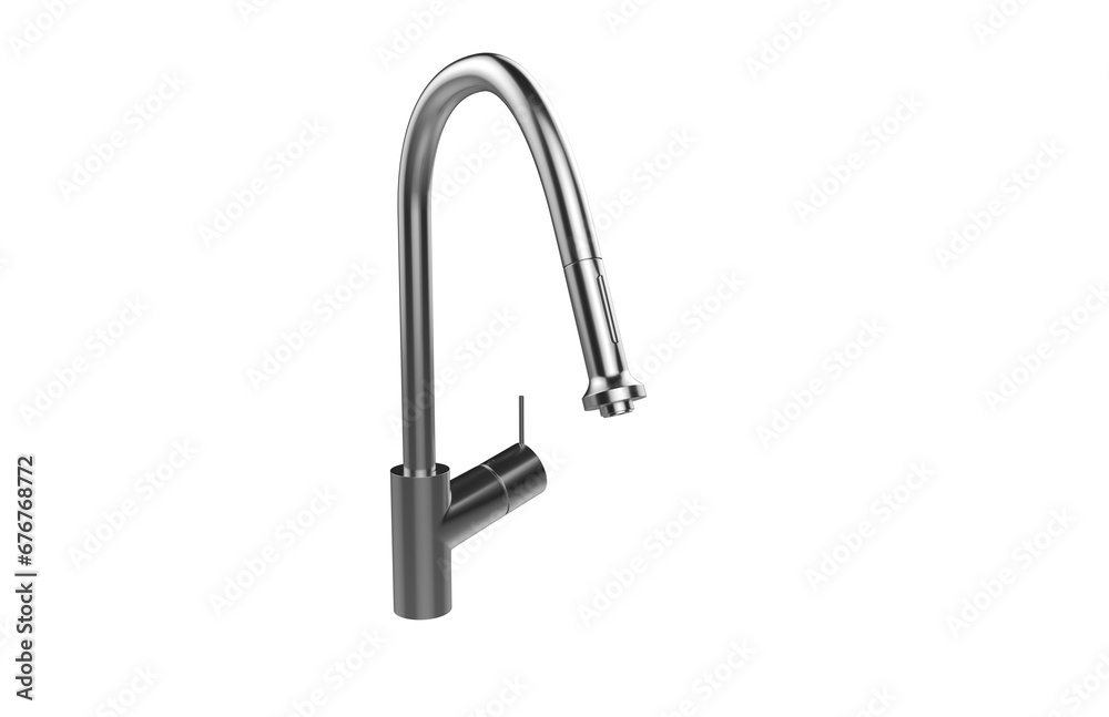 Faucet model isolated on light background, single faucet, stainless steel texture, home industry accessories, 3d rendering. Faucet model isolated on light background, single faucet, stainless steel texture, home industry accessories, 3d rendering.