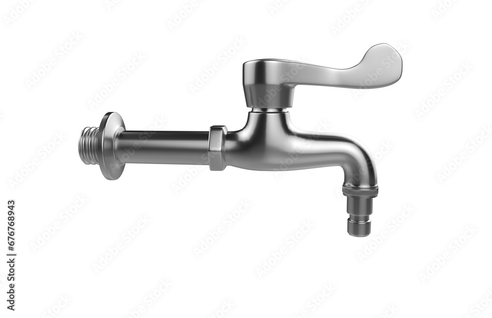 Faucet model isolated on light background, single faucet, stainless steel texture, home industry accessories, 3d rendering. Faucet model isolated on light background, single faucet, stainless steel texture, home industry accessories, 3d rendering.